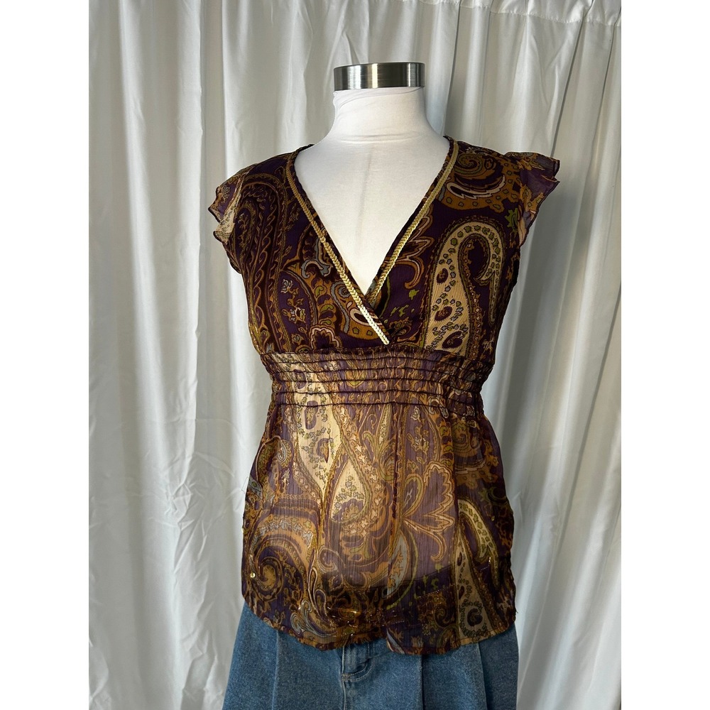 52 Weekends Purple Paisley Sequin Trim Smocked Empire Waist Blouse Small Y2K - Picture 8 of 8